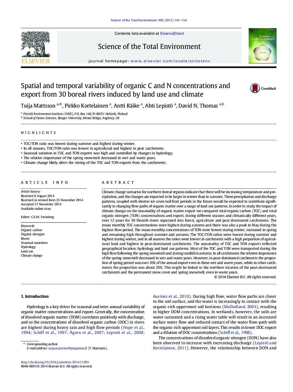 Spatial and temporal variability of organic C and N concentrations and export from 30 boreal rivers induced by land use and climate