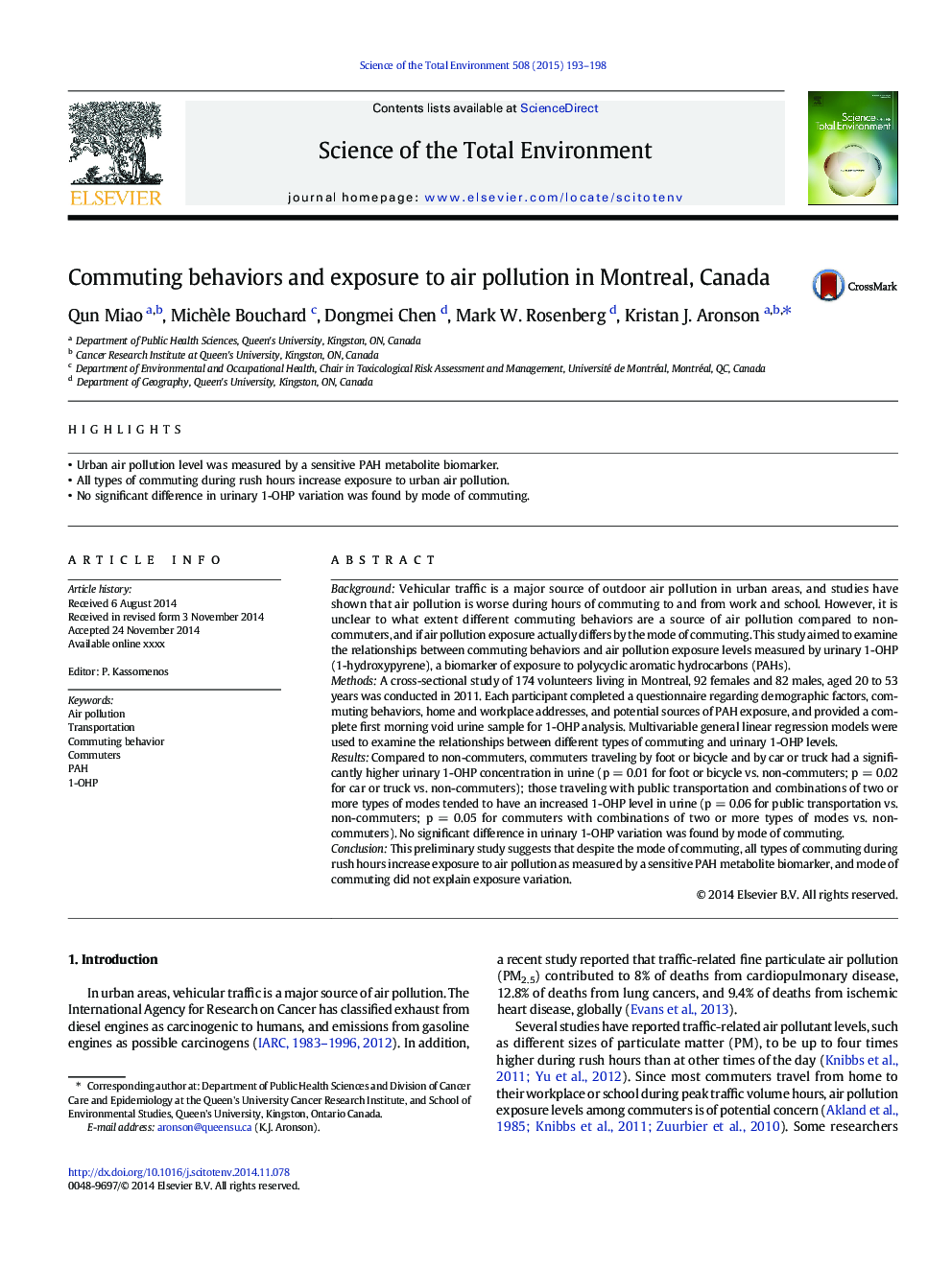 Commuting behaviors and exposure to air pollution in Montreal, Canada