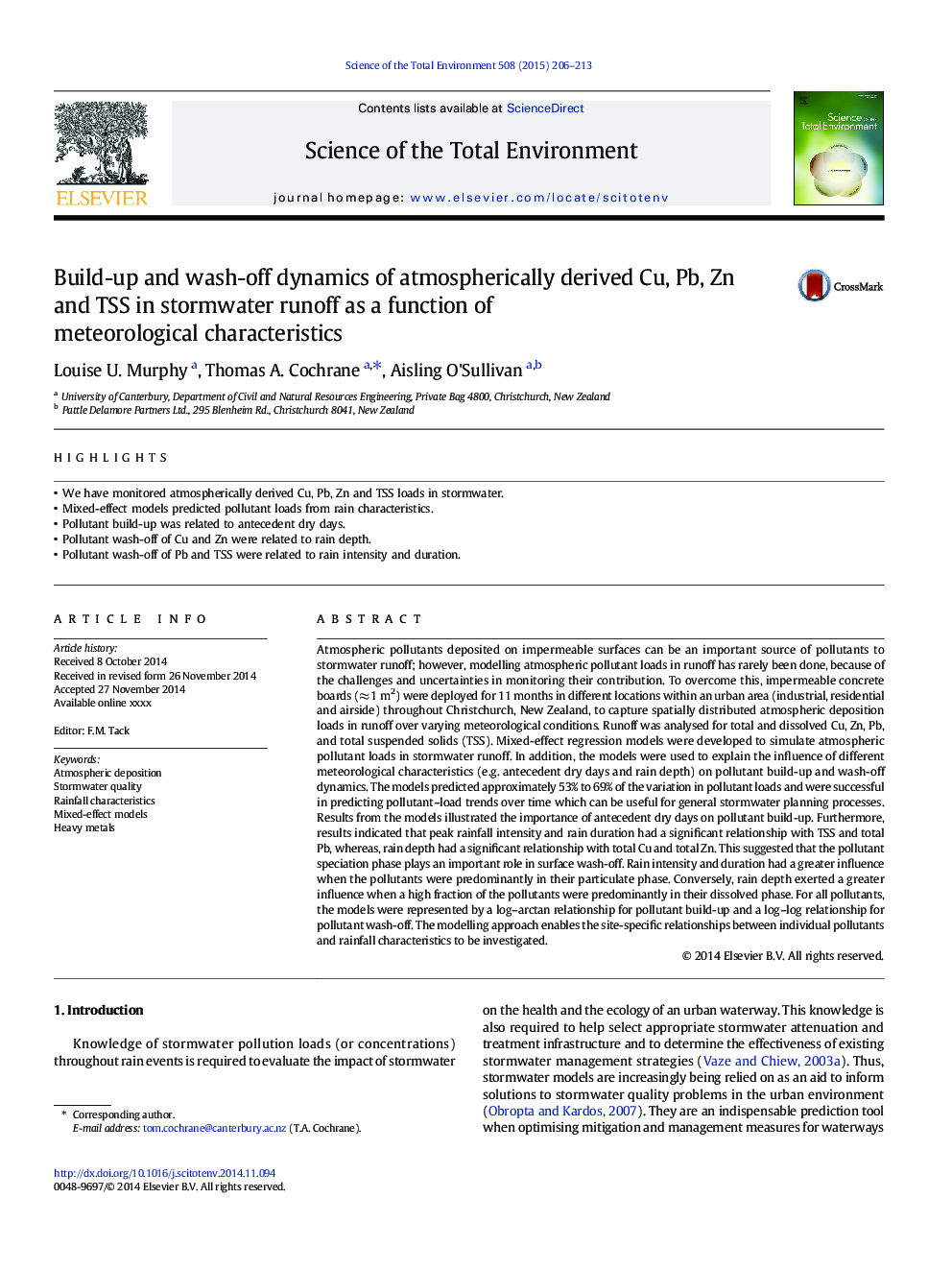 Build-up and wash-off dynamics of atmospherically derived Cu, Pb, Zn and TSS in stormwater runoff as a function of meteorological characteristics