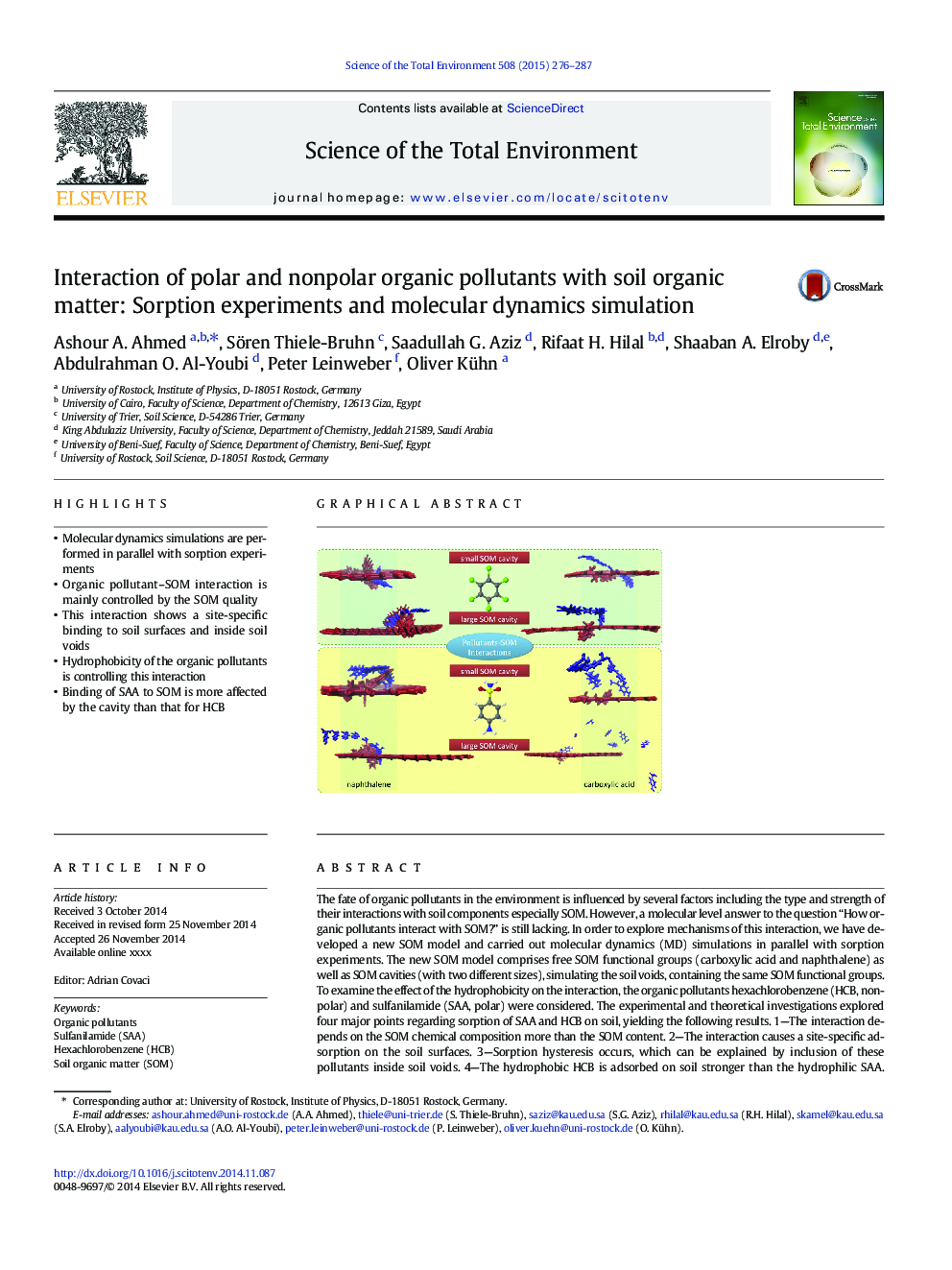 تعامل آلاینده های آلی قطبی و غیر قطبی با مواد آلی خاک: آزمایش های جذب و شبیه سازی دینامیک مولکولی 