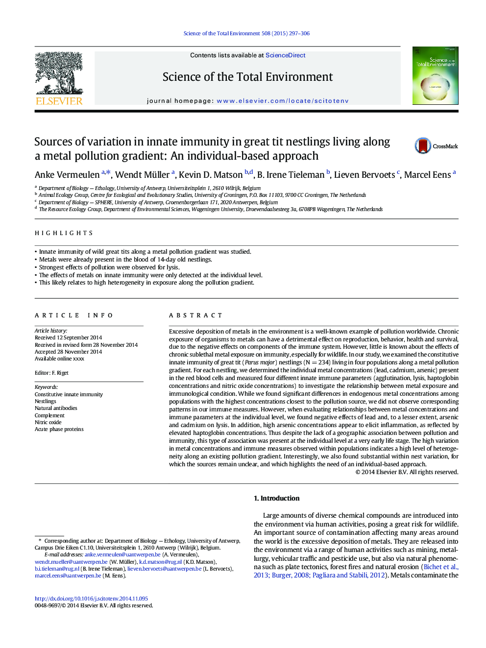 Sources of variation in innate immunity in great tit nestlings living along a metal pollution gradient: An individual-based approach