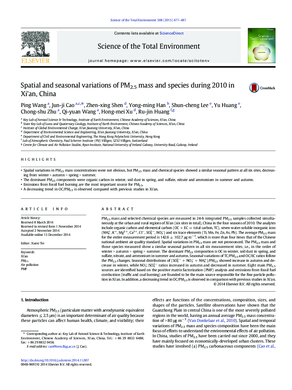 Spatial and seasonal variations of PM2.5 mass and species during 2010 in Xi'an, China