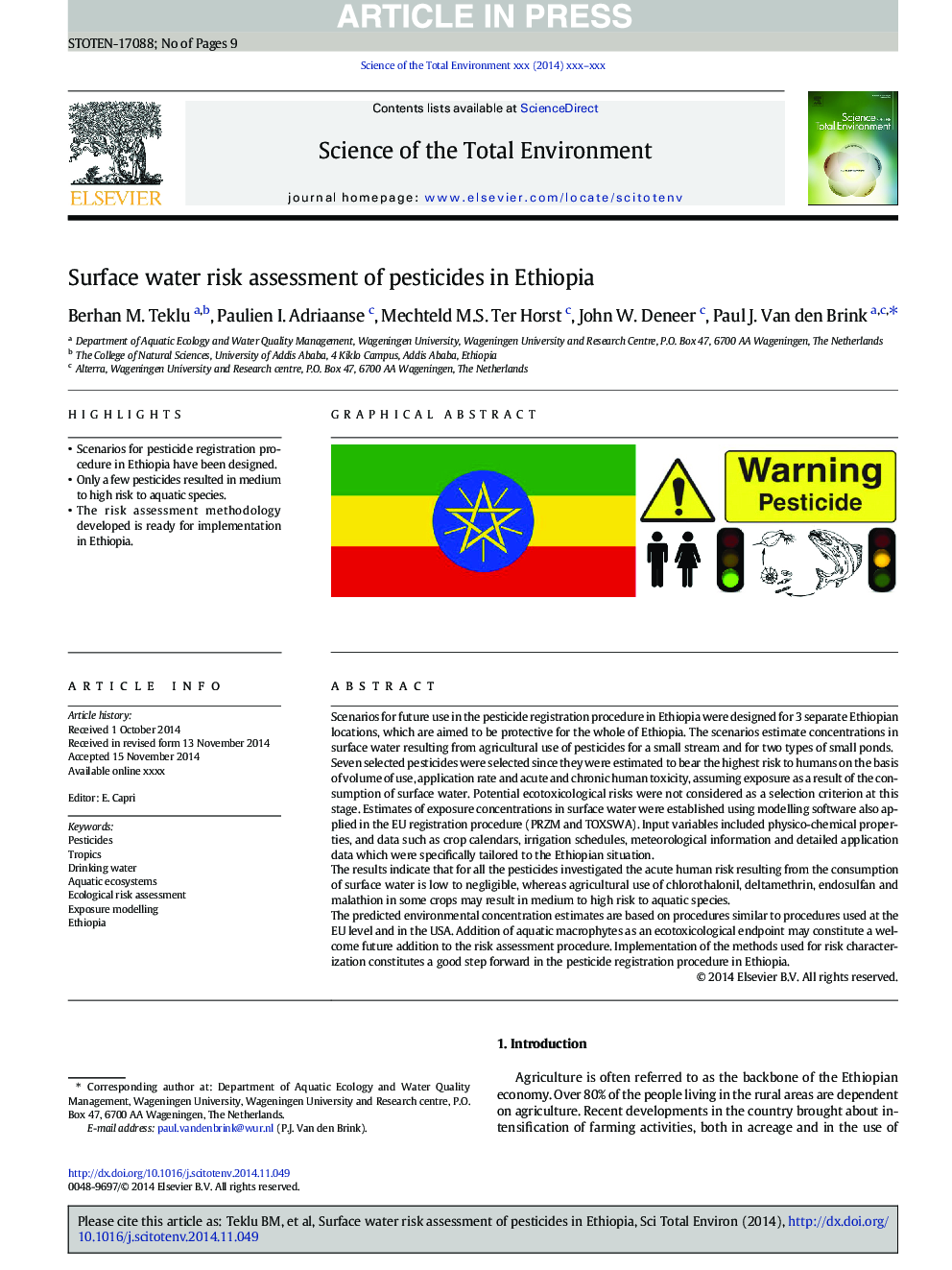 Surface water risk assessment of pesticides in Ethiopia