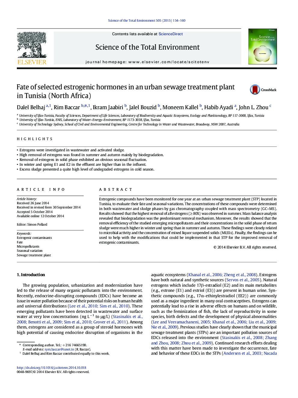 Fate of selected estrogenic hormones in an urban sewage treatment plant in Tunisia (North Africa)