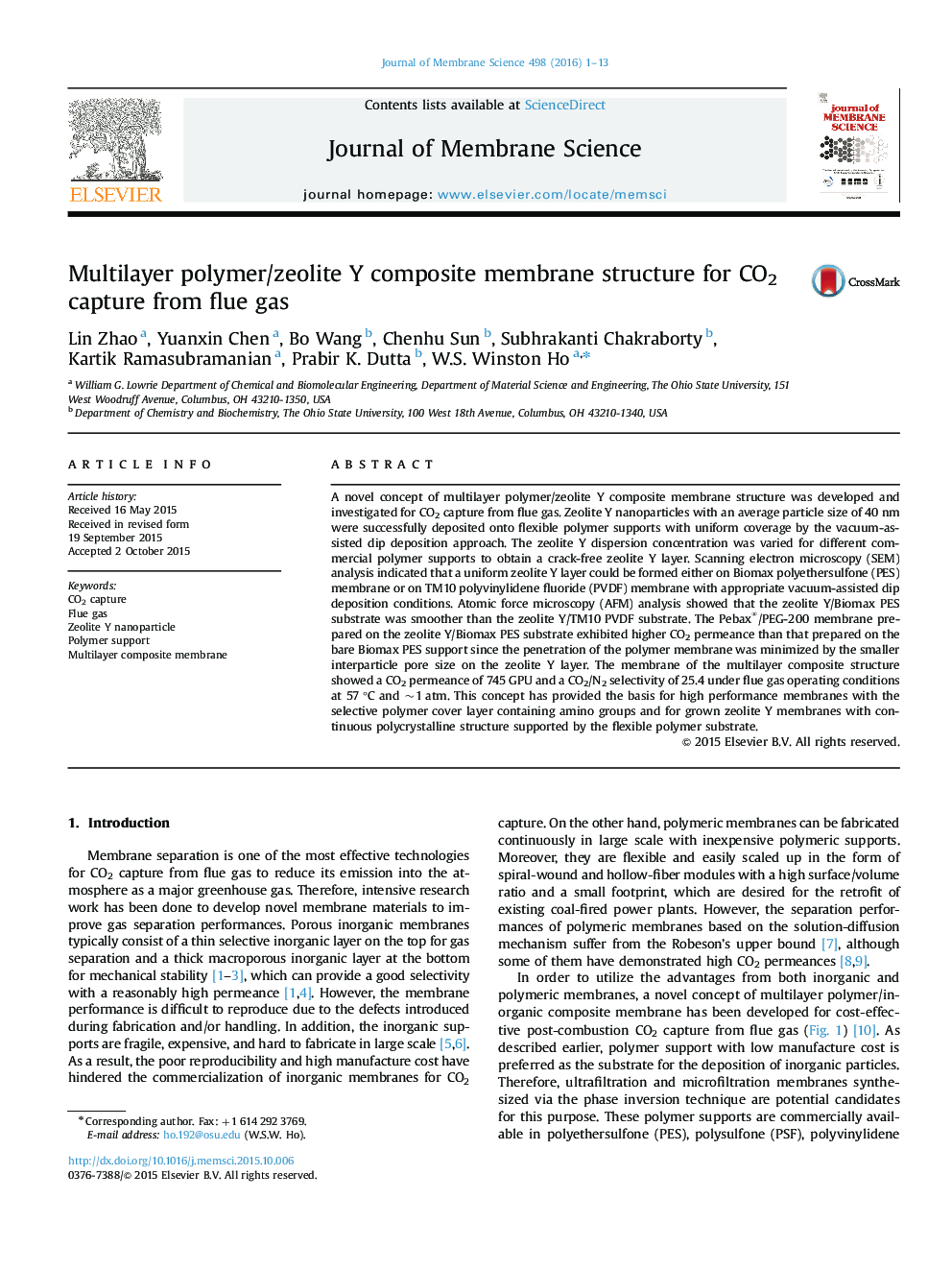 Multilayer polymer/zeolite Y composite membrane structure for CO2 capture from flue gas