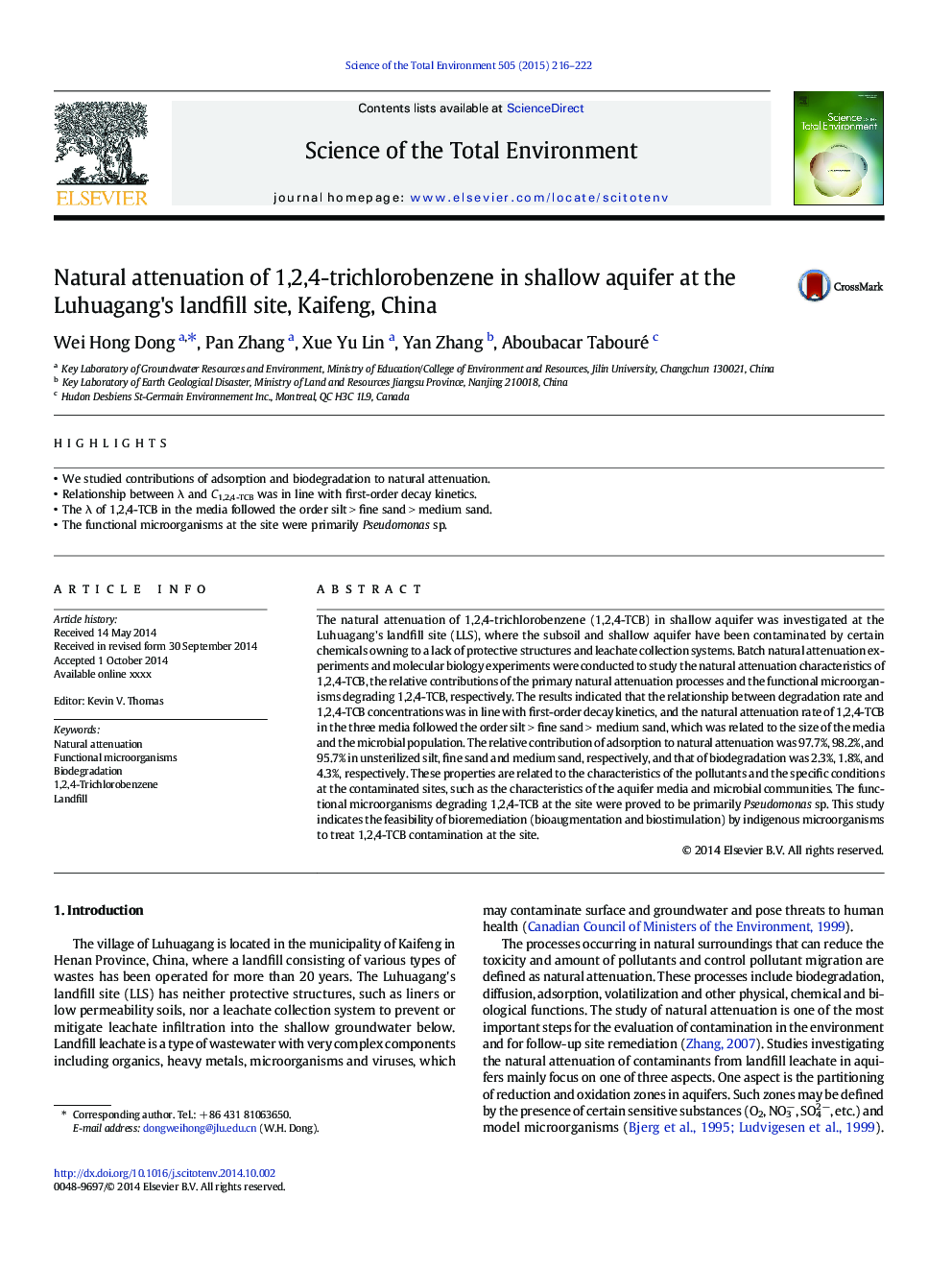 Natural attenuation of 1,2,4-trichlorobenzene in shallow aquifer at the Luhuagang's landfill site, Kaifeng, China