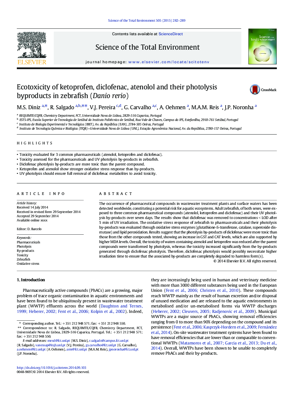 Ecotoxicity of ketoprofen, diclofenac, atenolol and their photolysis byproducts in zebrafish (Danio rerio)