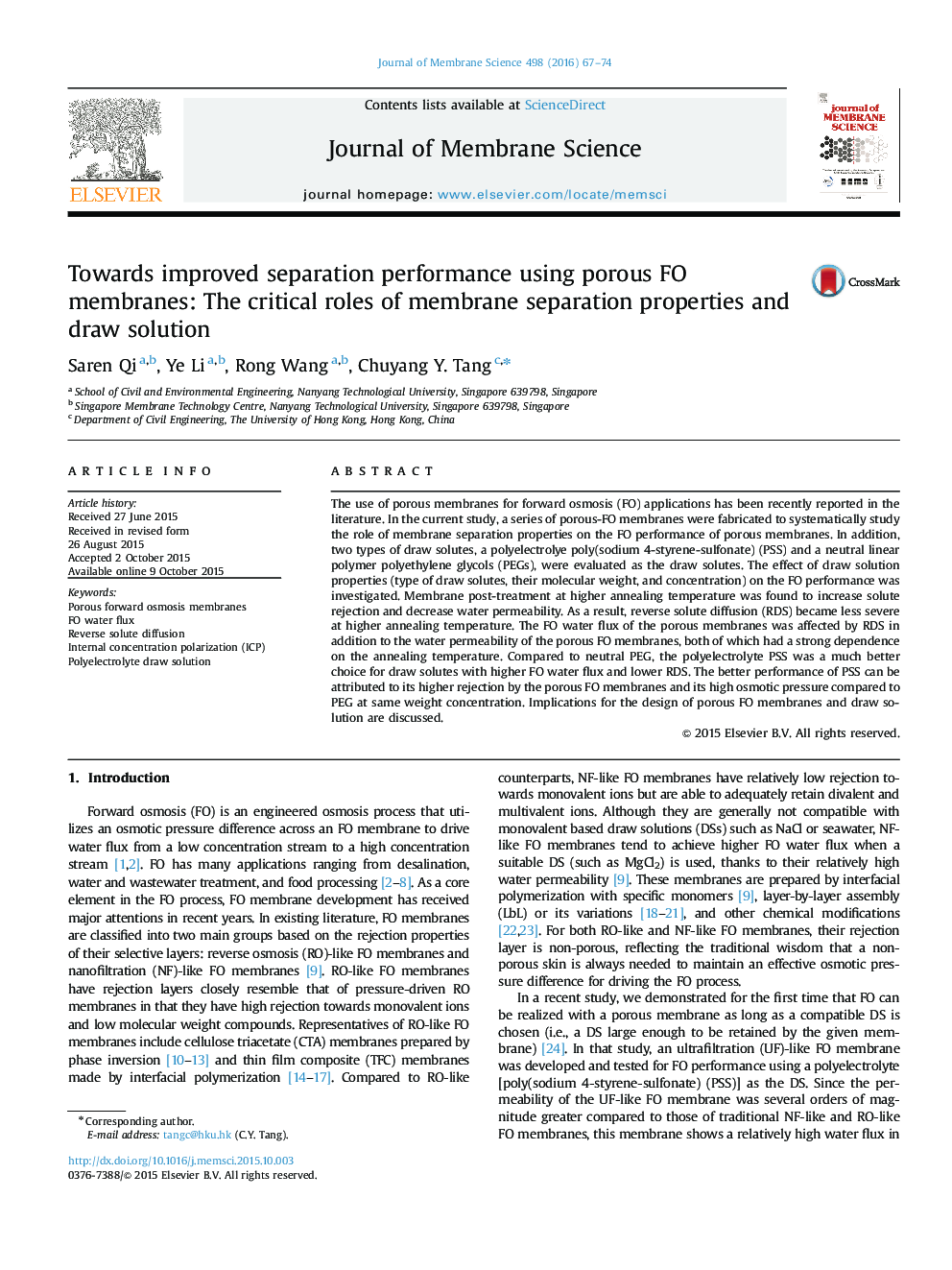 عکس صفحه اول مقاله: Towards improved separation performance using porous FO membranes: The critical roles of membrane separation properties and draw solution Towards improved separation performance using porous FO membranes: The critical roles of membrane separation properties and draw solution