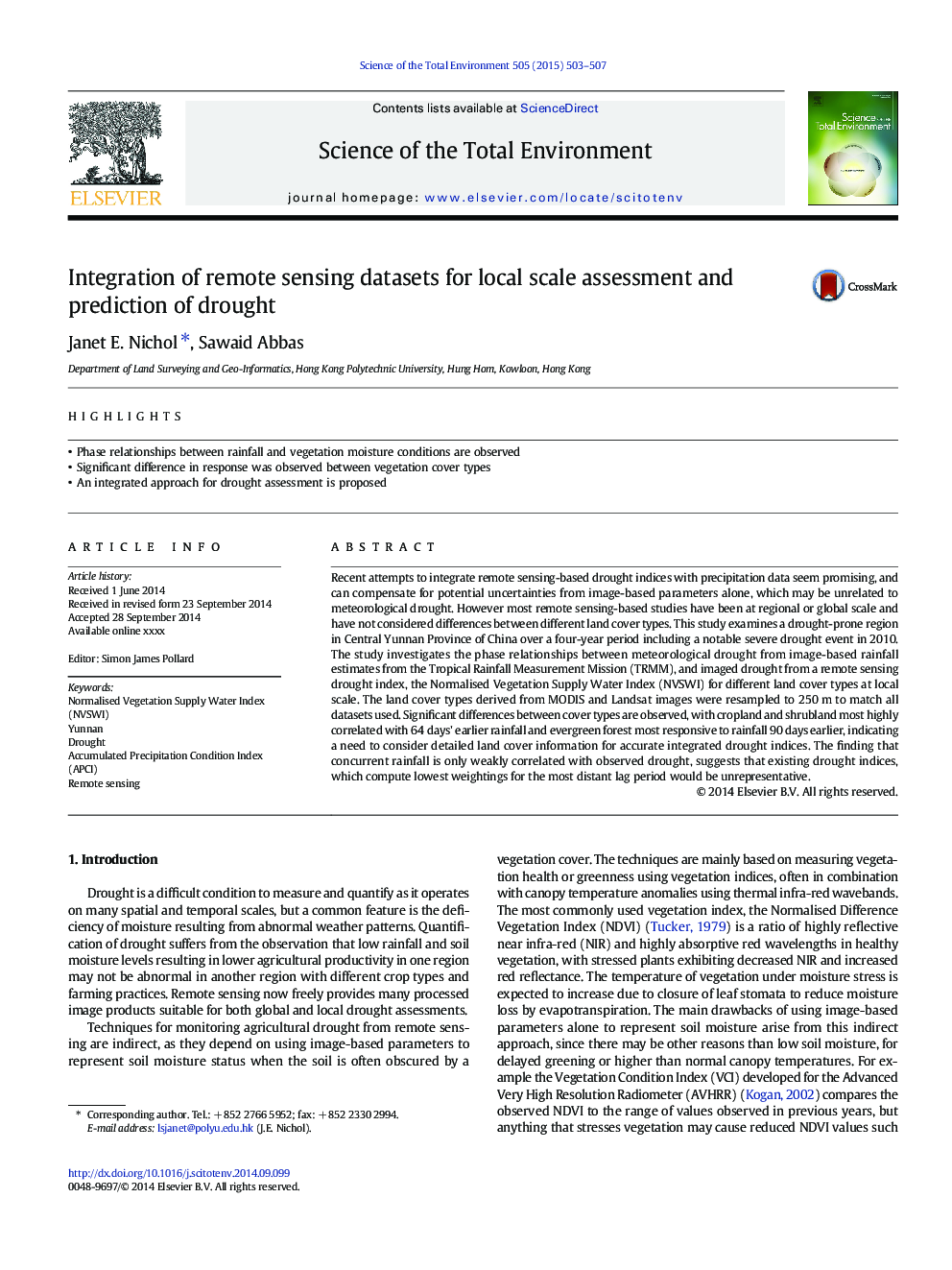 Integration of remote sensing datasets for local scale assessment and prediction of drought