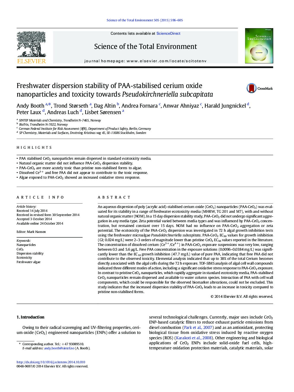 Freshwater dispersion stability of PAA-stabilised cerium oxide nanoparticles and toxicity towards Pseudokirchneriella subcapitata