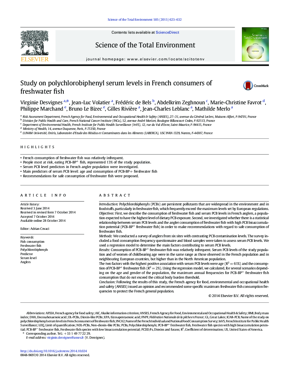 Study on polychlorobiphenyl serum levels in French consumers of freshwater fish