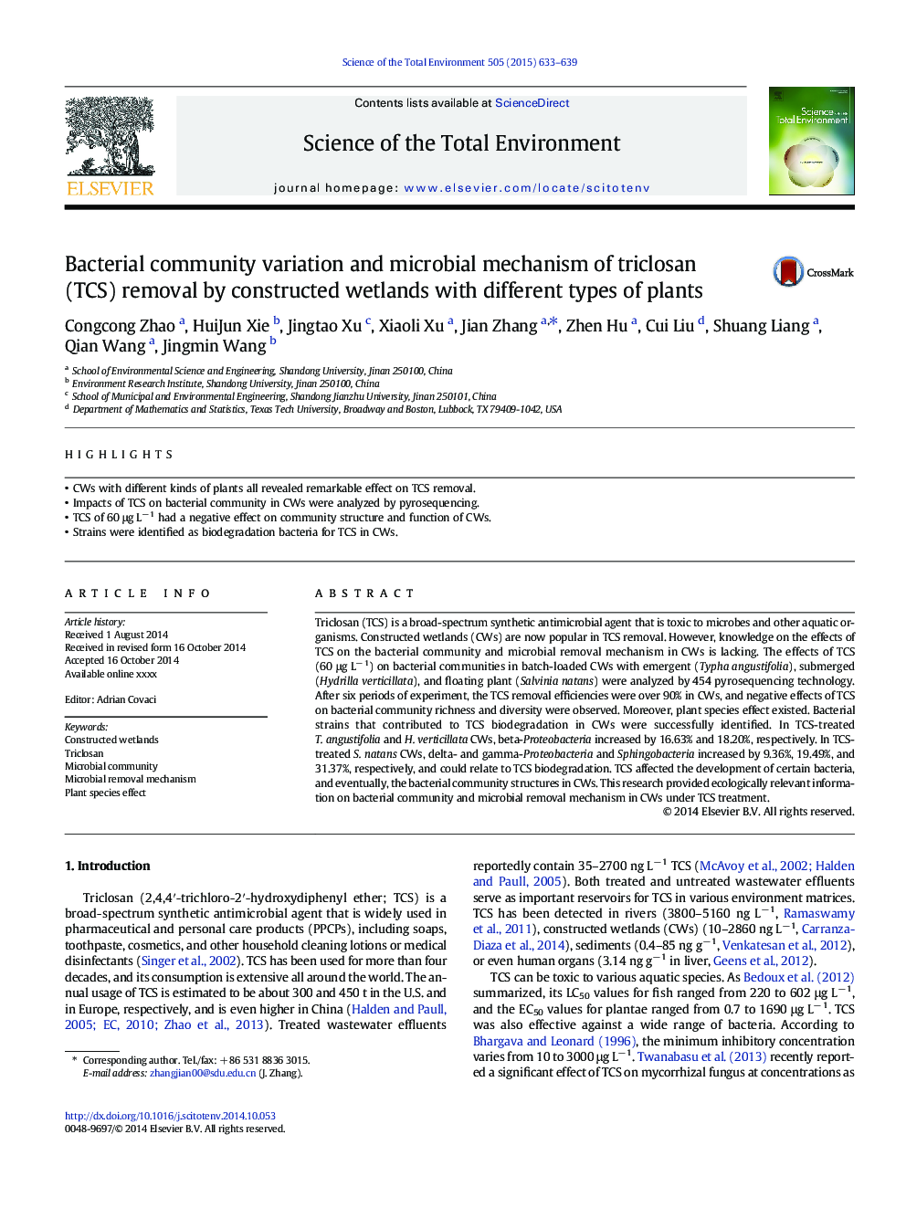 Bacterial community variation and microbial mechanism of triclosan (TCS) removal by constructed wetlands with different types of plants