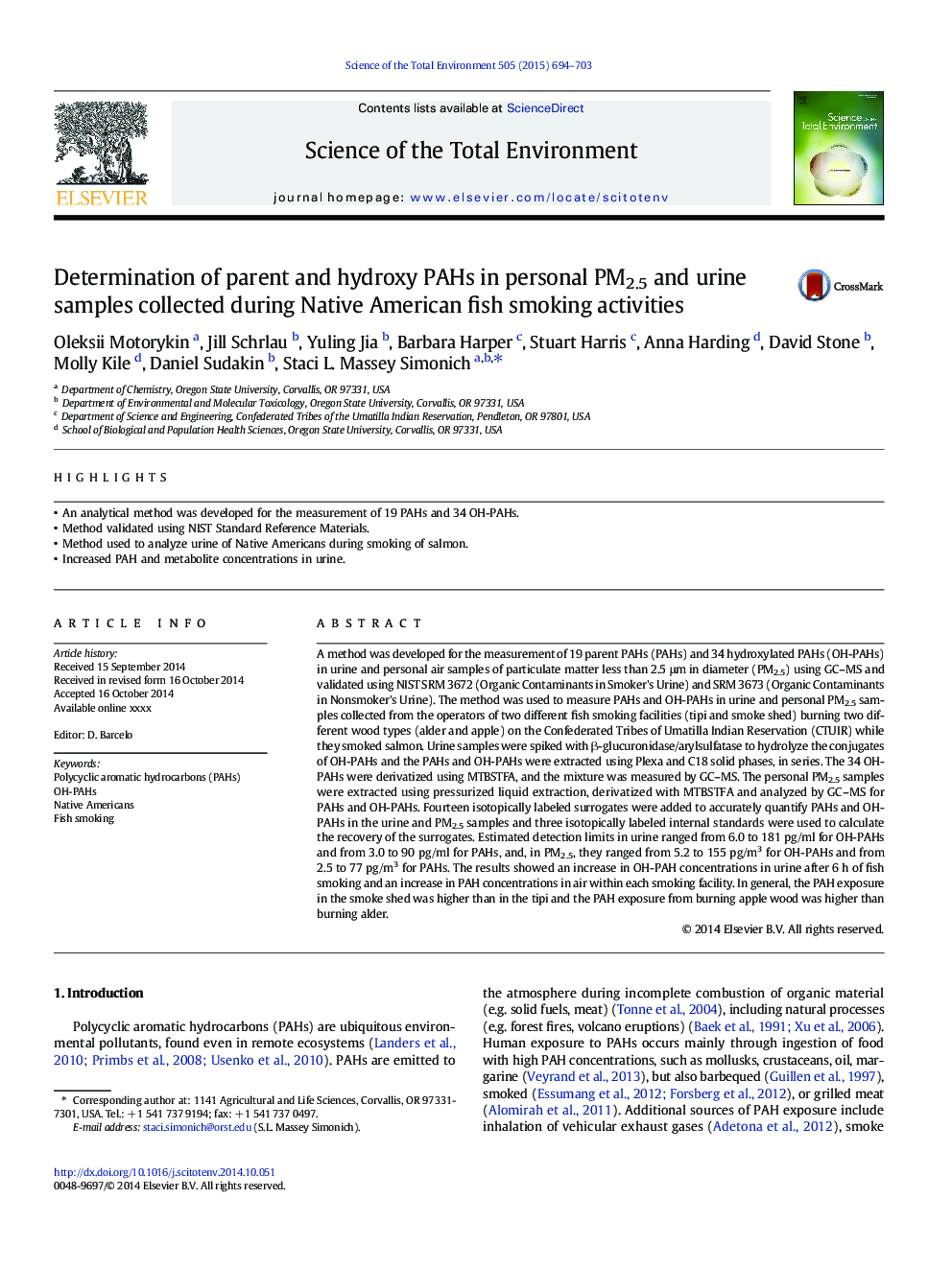 Determination of parent and hydroxy PAHs in personal PM2.5 and urine samples collected during Native American fish smoking activities