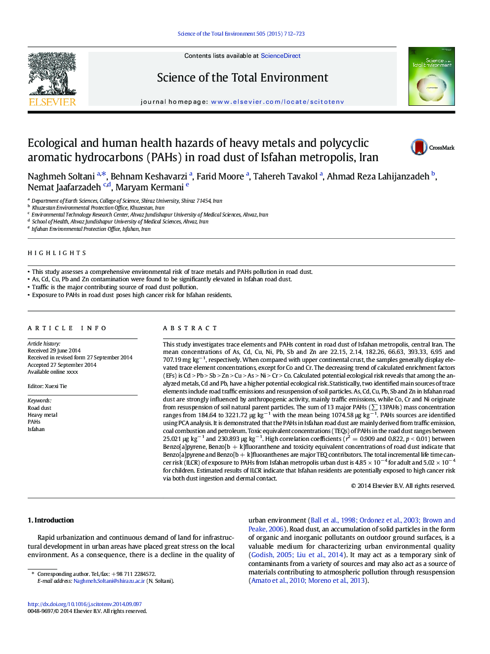 Ecological and human health hazards of heavy metals and polycyclic aromatic hydrocarbons (PAHs) in road dust of Isfahan metropolis, Iran