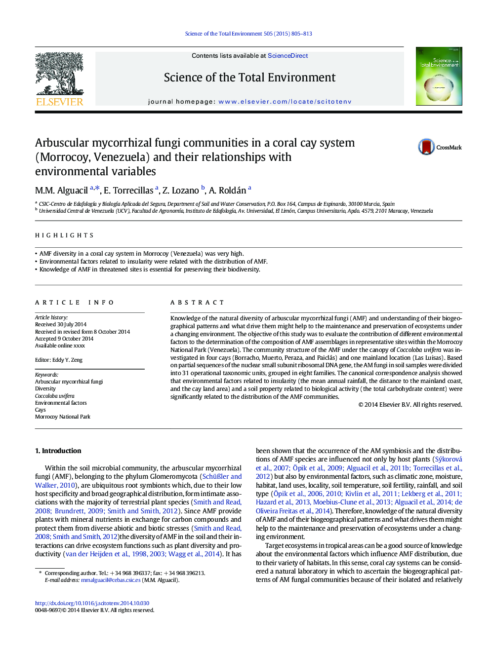 Arbuscular mycorrhizal fungi communities in a coral cay system (Morrocoy, Venezuela) and their relationships with environmental variables