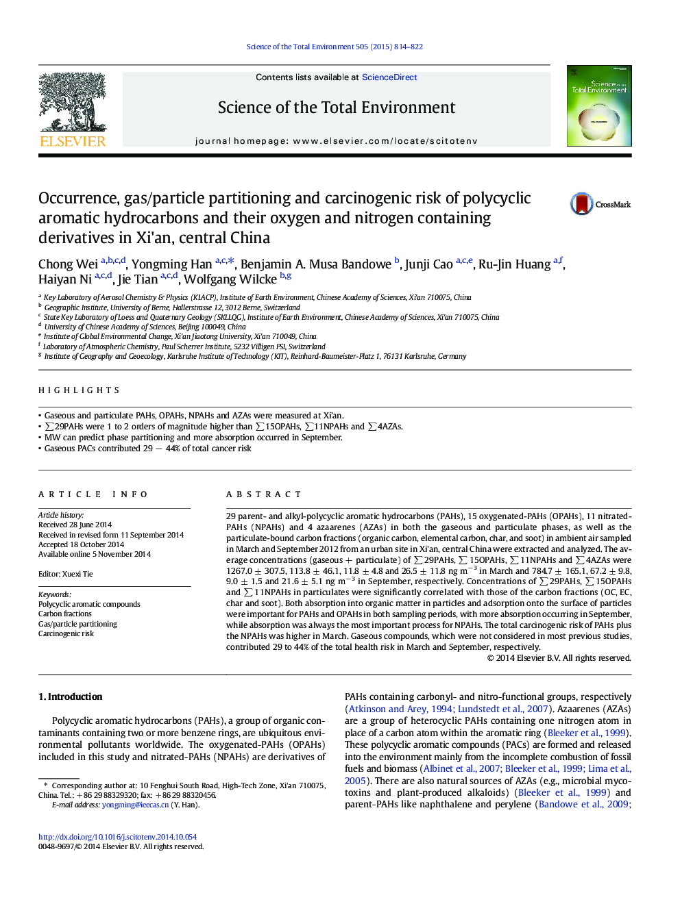 Occurrence, gas/particle partitioning and carcinogenic risk of polycyclic aromatic hydrocarbons and their oxygen and nitrogen containing derivatives in Xi'an, central China