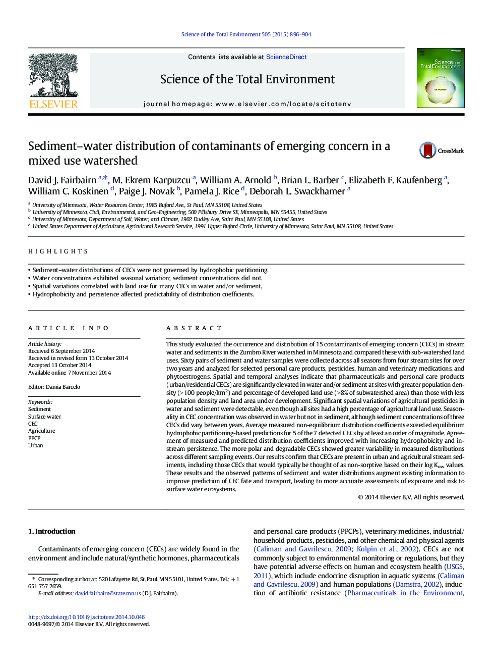 Sediment-water distribution of contaminants of emerging concern in a mixed use watershed