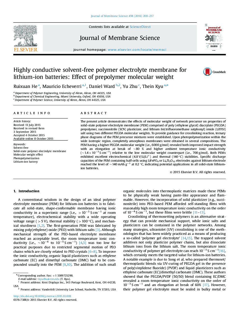 Highly conductive solvent-free polymer electrolyte membrane for lithium-ion batteries: Effect of prepolymer molecular weight