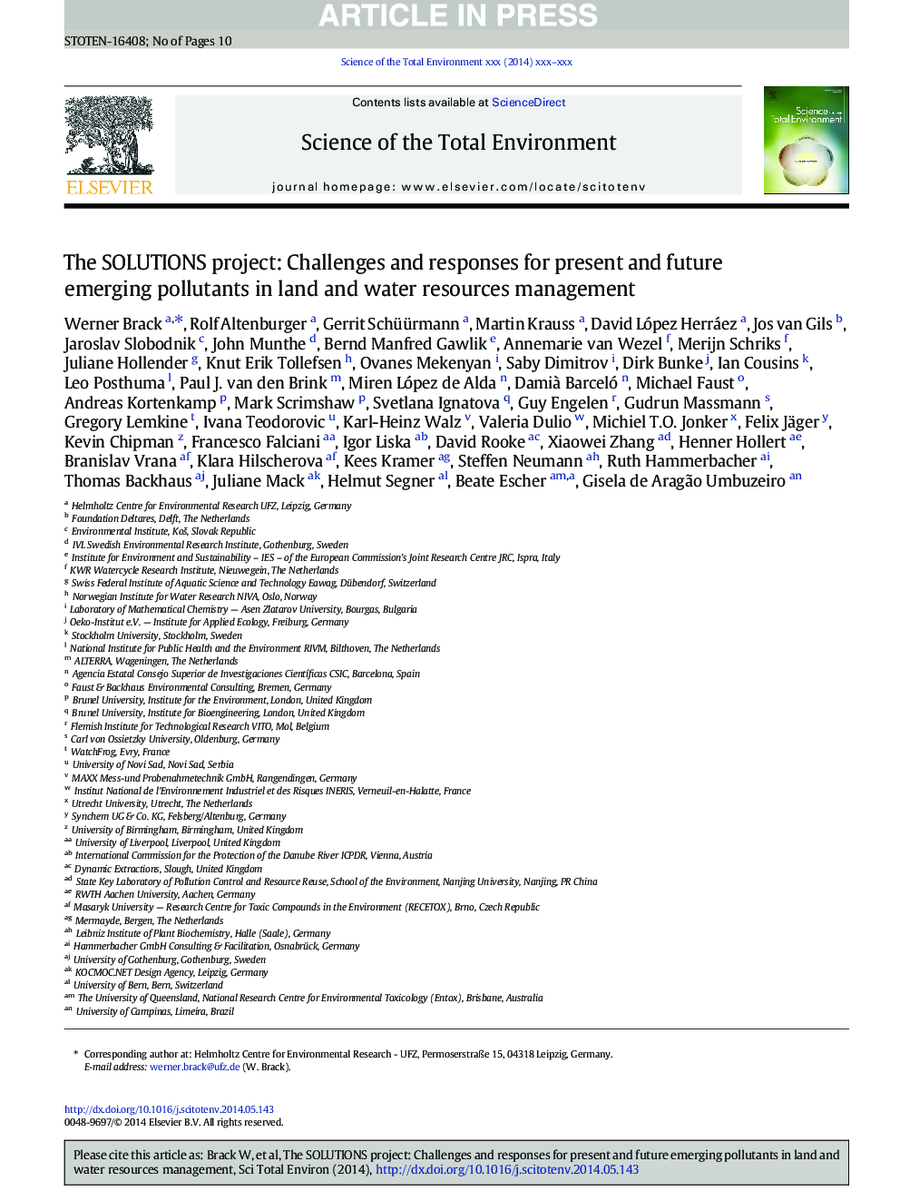 The SOLUTIONS project: Challenges and responses for present and future emerging pollutants in land and water resources management