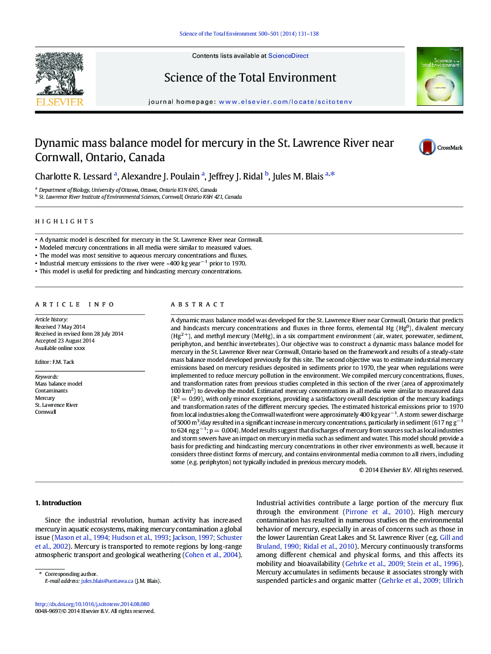 Dynamic mass balance model for mercury in the St. Lawrence River near Cornwall, Ontario, Canada