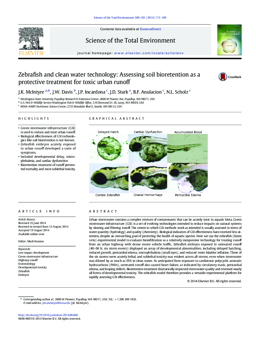 عکس صفحه اول مقاله: Zebrafish and clean water technology: Assessing soil bioretention as a protective treatment for toxic urban runoff Zebrafish and clean water technology: Assessing soil bioretention as a protective treatment for toxic urban runoff