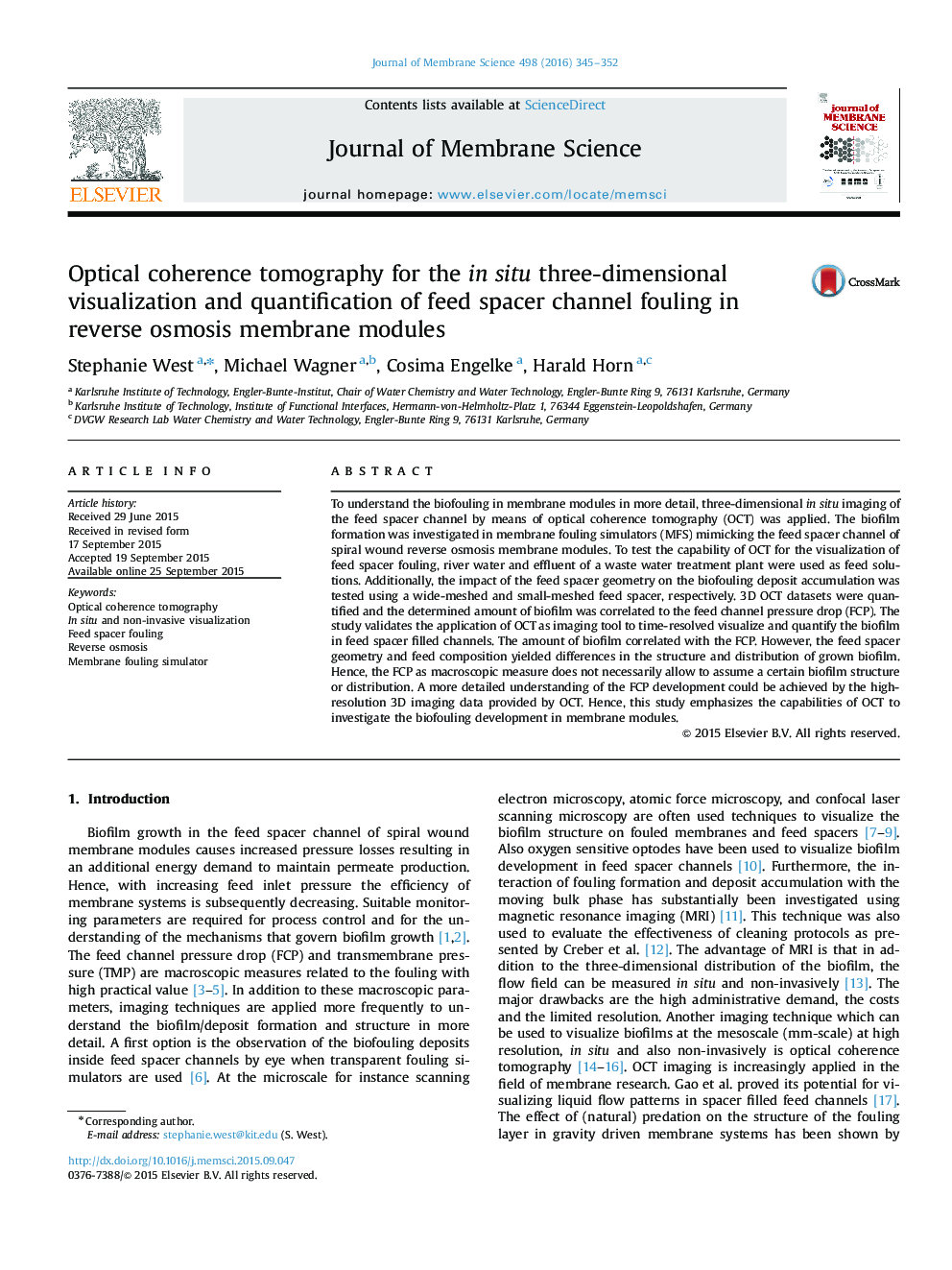 Optical coherence tomography for the in situ three-dimensional visualization and quantification of feed spacer channel fouling in reverse osmosis membrane modules