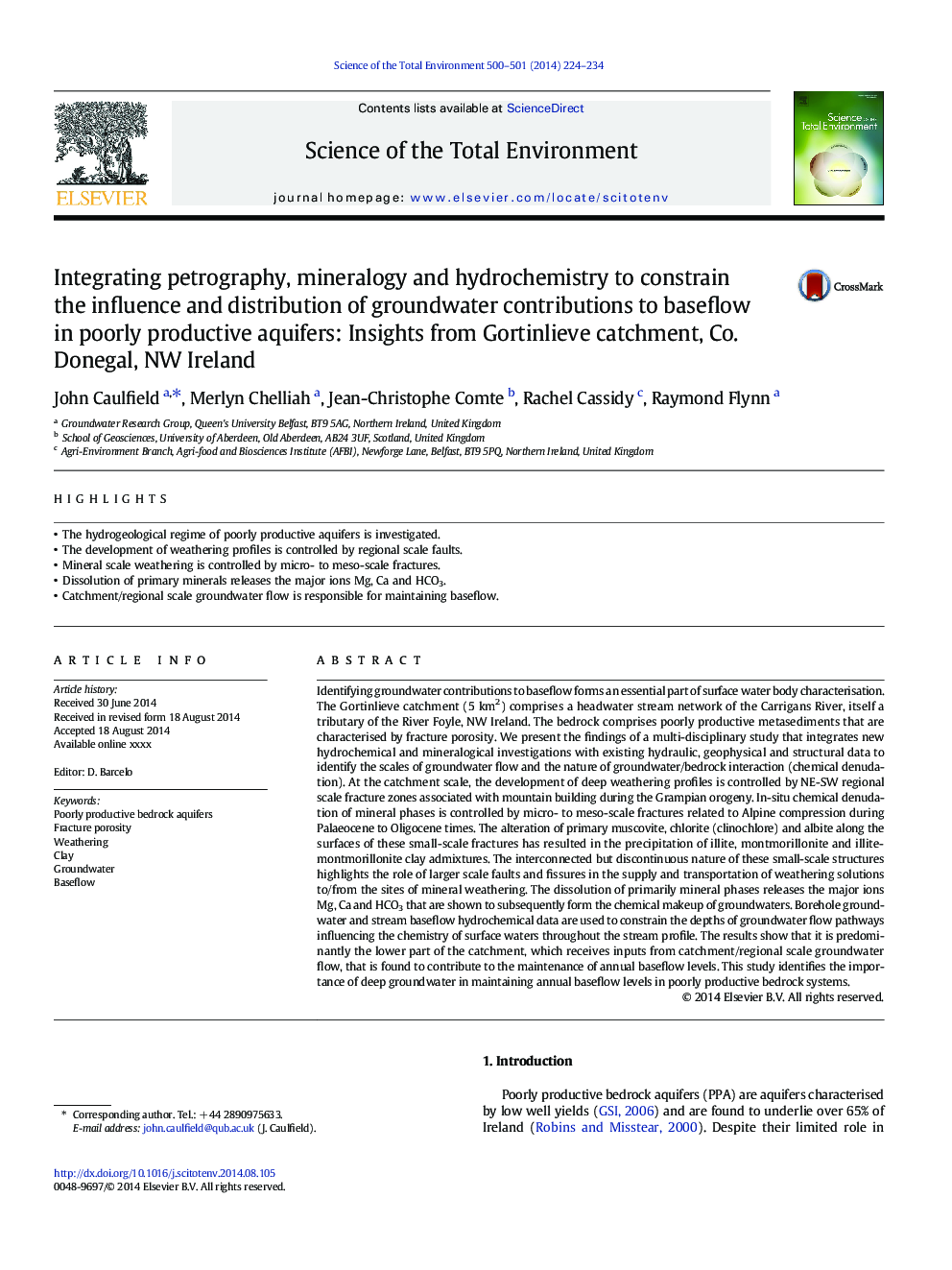 Integrating petrography, mineralogy and hydrochemistry to constrain the influence and distribution of groundwater contributions to baseflow in poorly productive aquifers: Insights from Gortinlieve catchment, Co. Donegal, NW Ireland