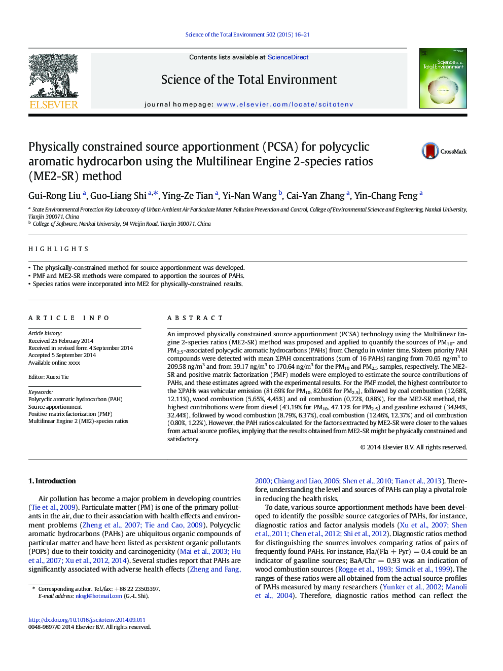 Physically constrained source apportionment (PCSA) for polycyclic aromatic hydrocarbon using the Multilinear Engine 2-species ratios (ME2-SR) method