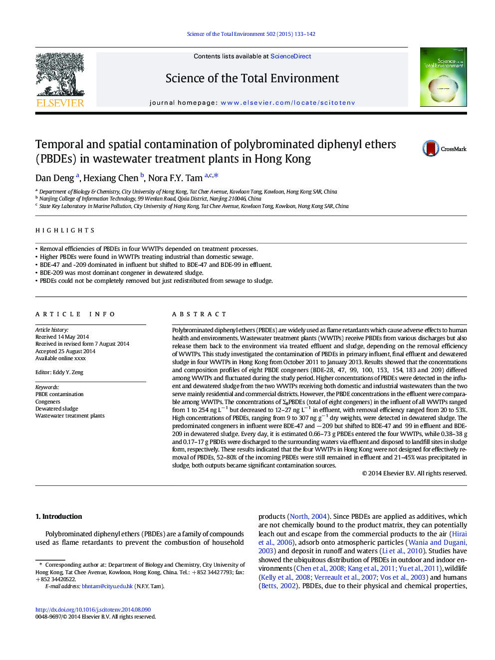Temporal and spatial contamination of polybrominated diphenyl ethers (PBDEs) in wastewater treatment plants in Hong Kong