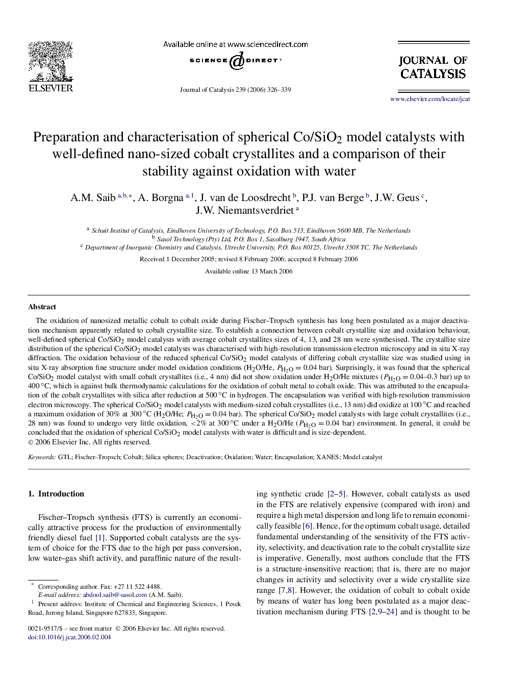 Preparation and characterisation of spherical Co/SiO2 model catalysts with well-defined nano-sized cobalt crystallites and a comparison of their stability against oxidation with water