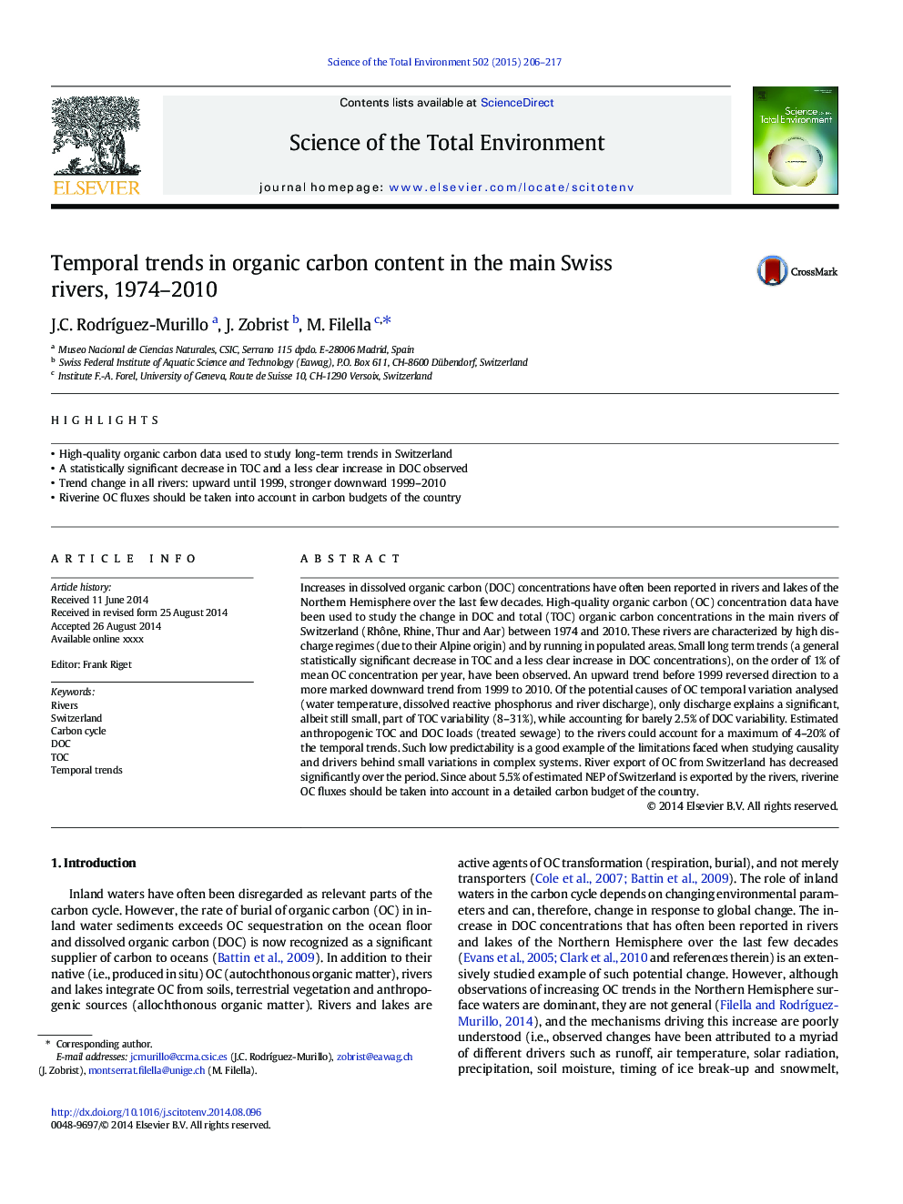 Temporal trends in organic carbon content in the main Swiss rivers, 1974-2010