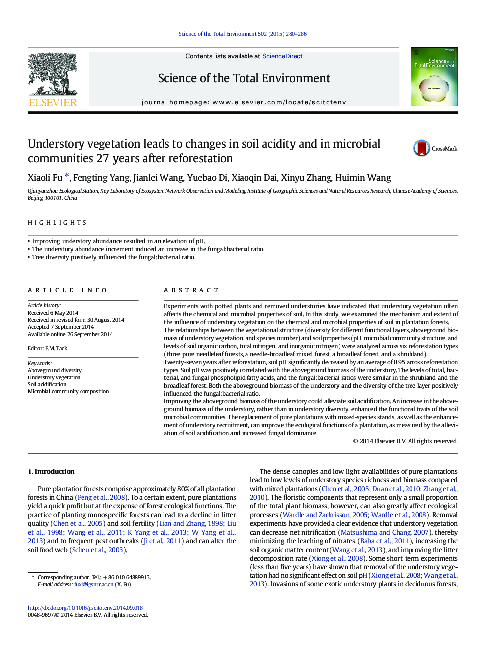 Understory vegetation leads to changes in soil acidity and in microbial communities 27Â years after reforestation