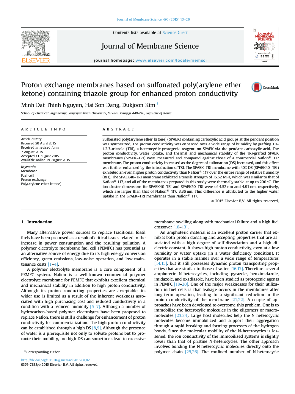 Proton exchange membranes based on sulfonated poly(arylene ether ketone) containing triazole group for enhanced proton conductivity