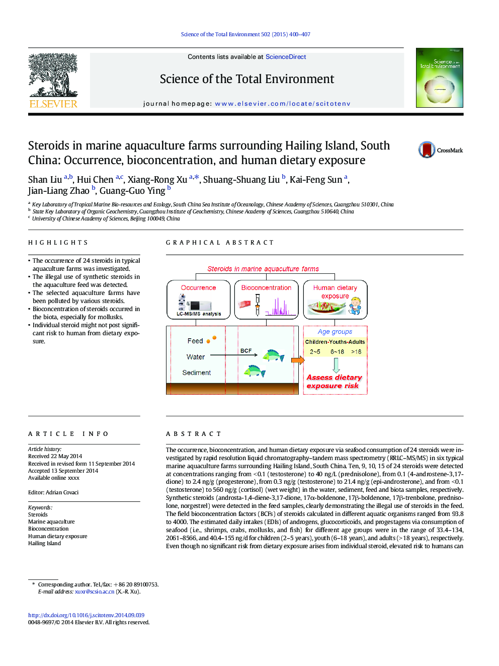 Steroids in marine aquaculture farms surrounding Hailing Island, South China: Occurrence, bioconcentration, and human dietary exposure