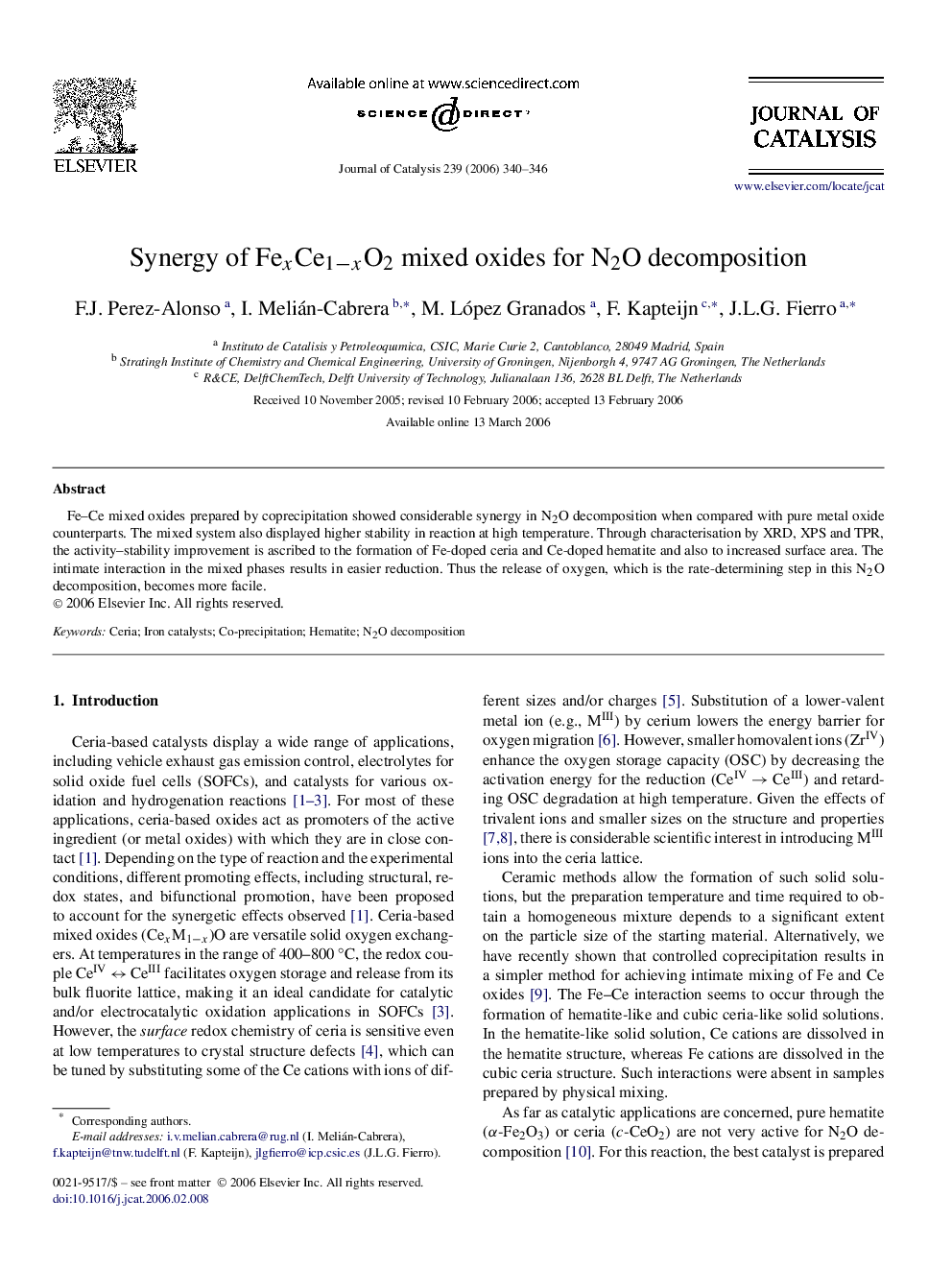 Synergy of FexCe1−xO2 mixed oxides for N2O decomposition