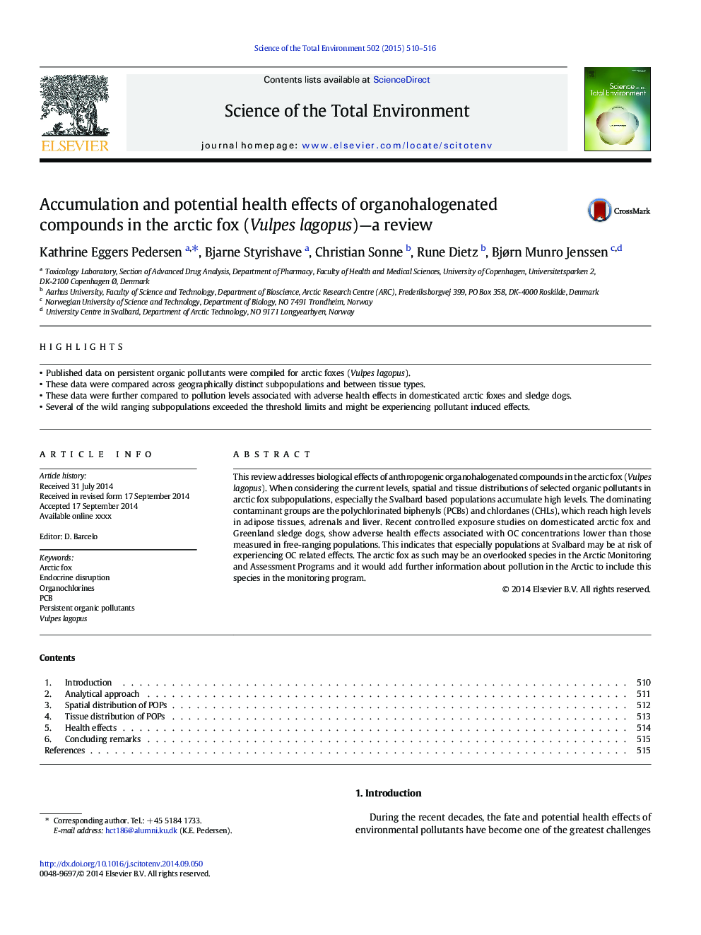 Accumulation and potential health effects of organohalogenated compounds in the arctic fox (Vulpes lagopus)-a review