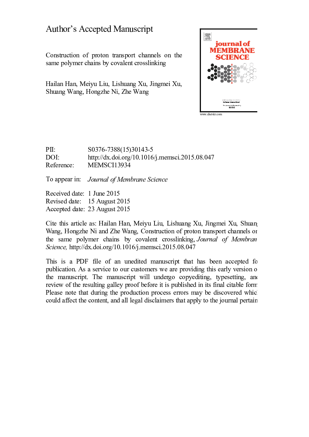 Construction of proton transport channels on the same polymer chains by covalent crosslinking