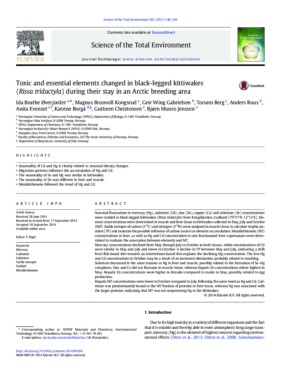 Toxic and essential elements changed in black-legged kittiwakes (Rissa tridactyla) during their stay in an Arctic breeding area