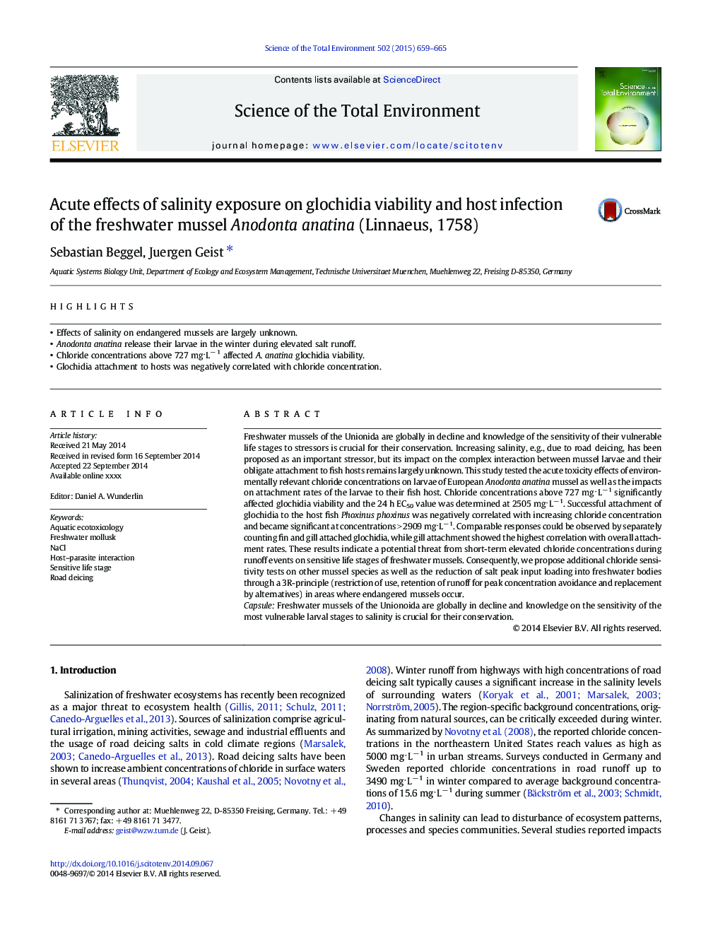 Acute effects of salinity exposure on glochidia viability and host infection of the freshwater mussel Anodonta anatina (Linnaeus, 1758)