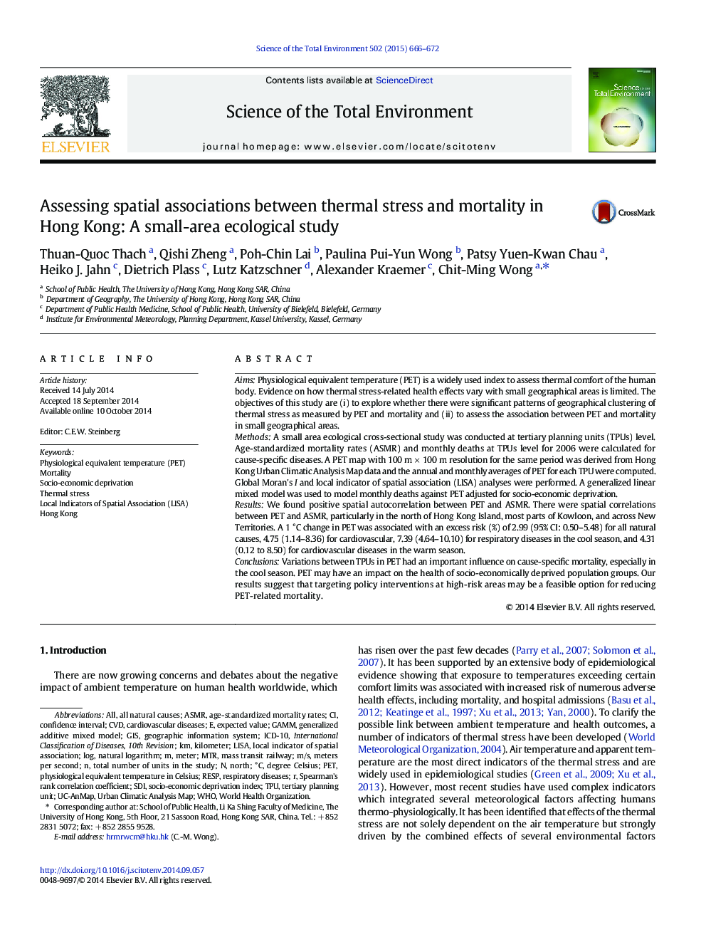 Assessing spatial associations between thermal stress and mortality in Hong Kong: A small-area ecological study