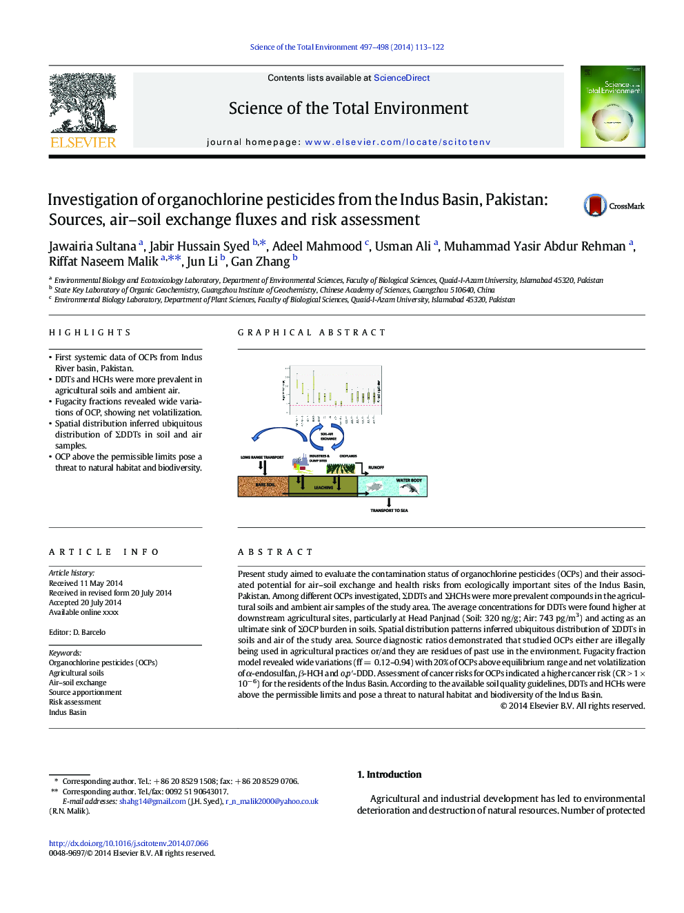 Investigation of organochlorine pesticides from the Indus Basin, Pakistan: Sources, air-soil exchange fluxes and risk assessment