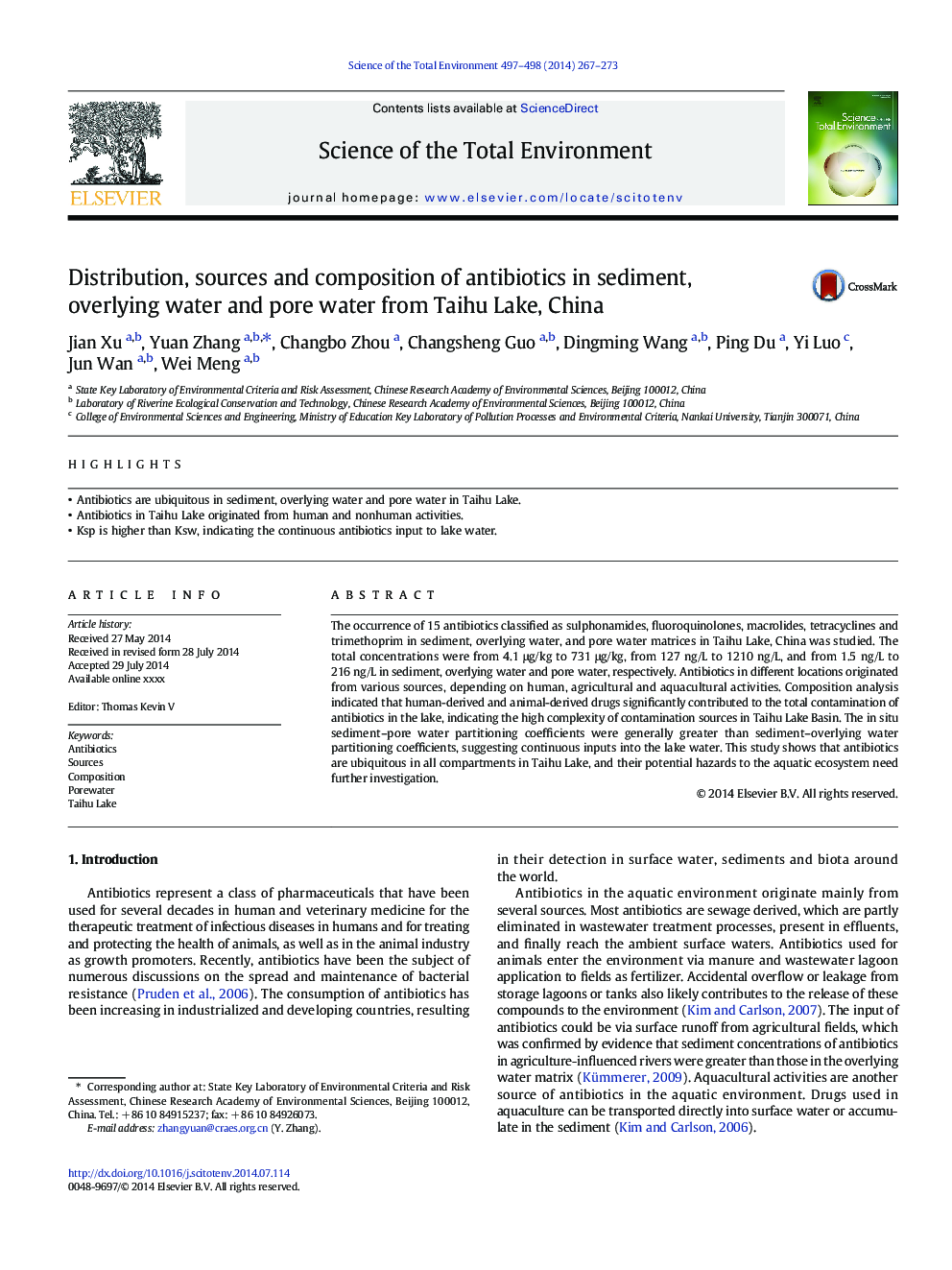 Distribution, sources and composition of antibiotics in sediment, overlying water and pore water from Taihu Lake, China