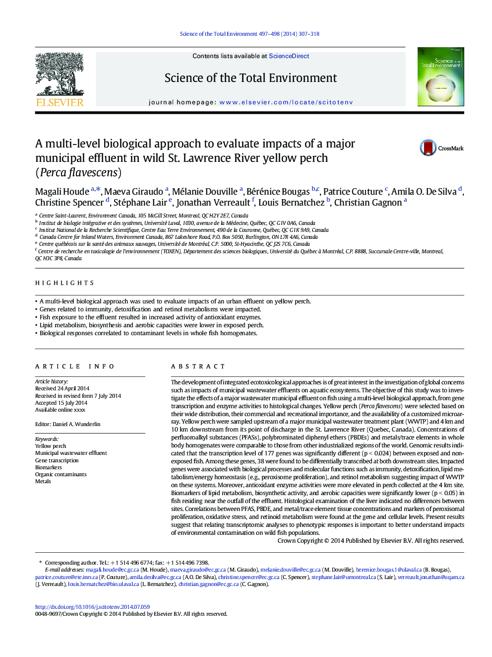 A multi-level biological approach to evaluate impacts of a major municipal effluent in wild St. Lawrence River yellow perch (Perca flavescens)