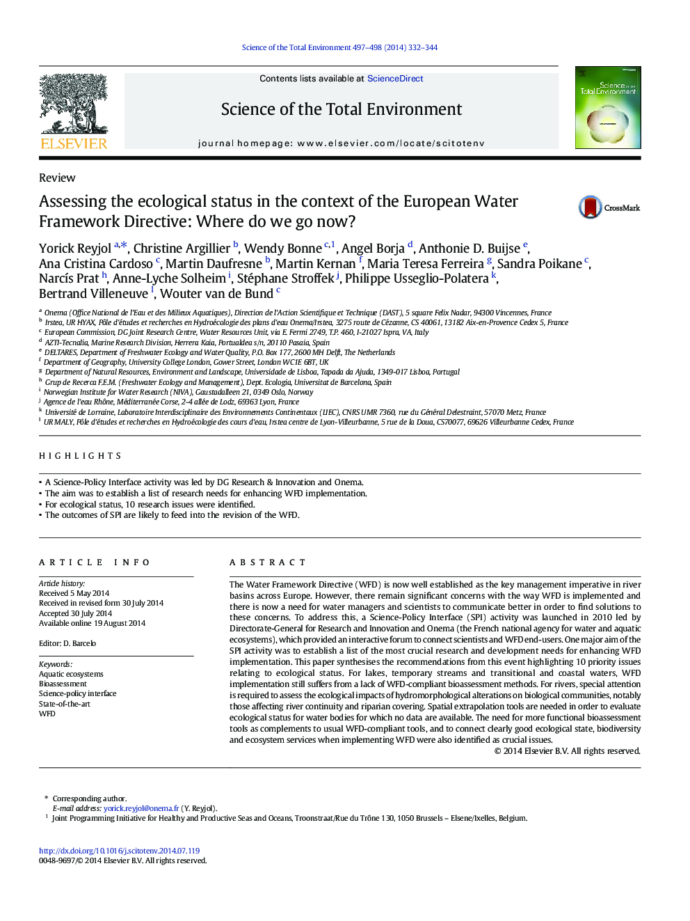 ReviewAssessing the ecological status in the context of the European Water Framework Directive: Where do we go now?