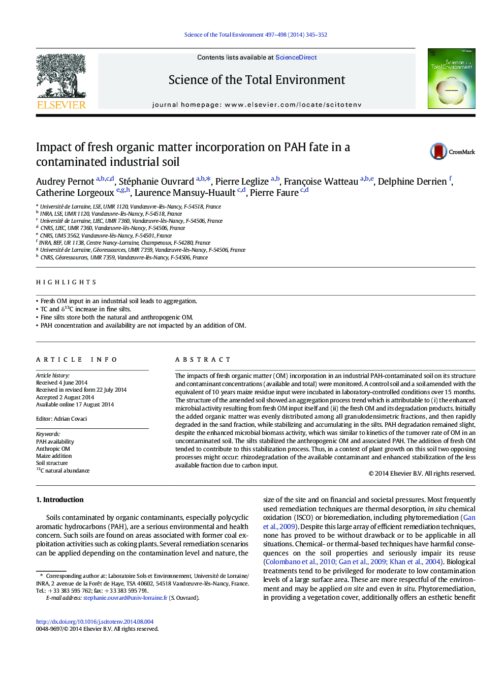 Impact of fresh organic matter incorporation on PAH fate in a contaminated industrial soil