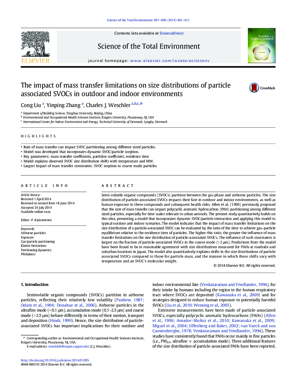 The impact of mass transfer limitations on size distributions of particle associated SVOCs in outdoor and indoor environments