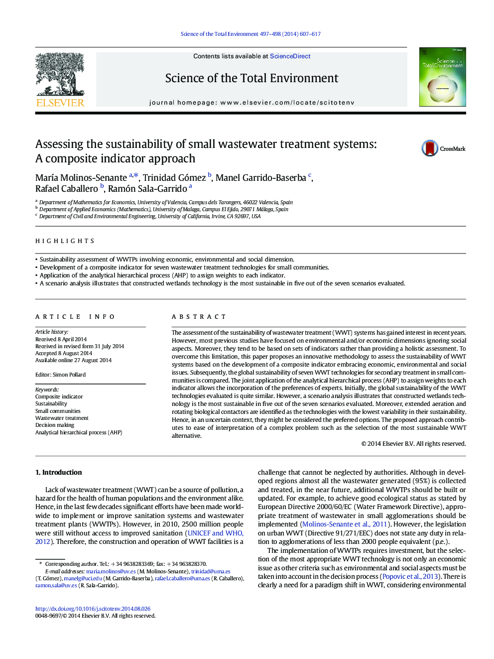 Assessing the sustainability of small wastewater treatment systems: A composite indicator approach