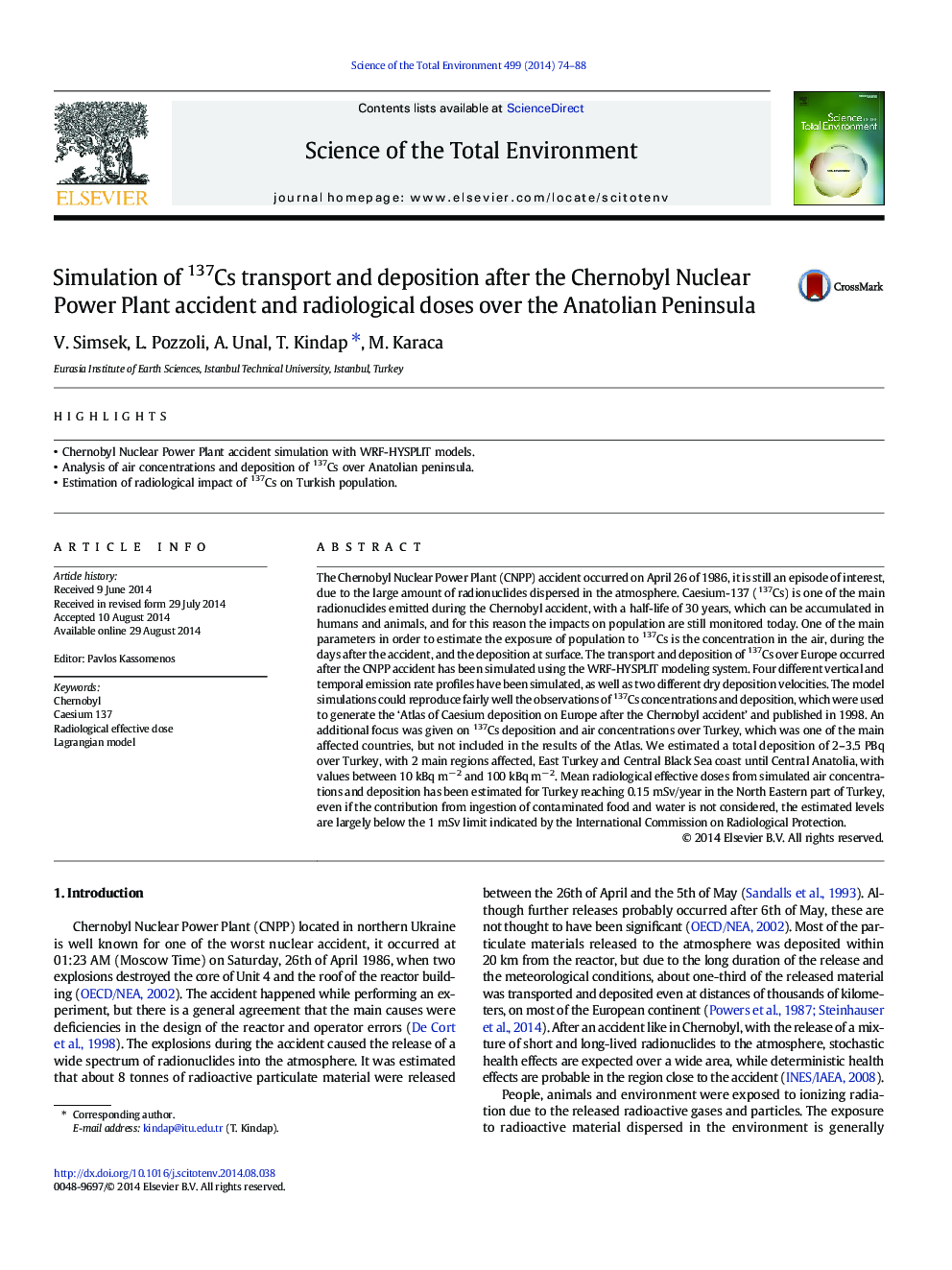 Simulation of 137Cs transport and deposition after the Chernobyl Nuclear Power Plant accident and radiological doses over the Anatolian Peninsula