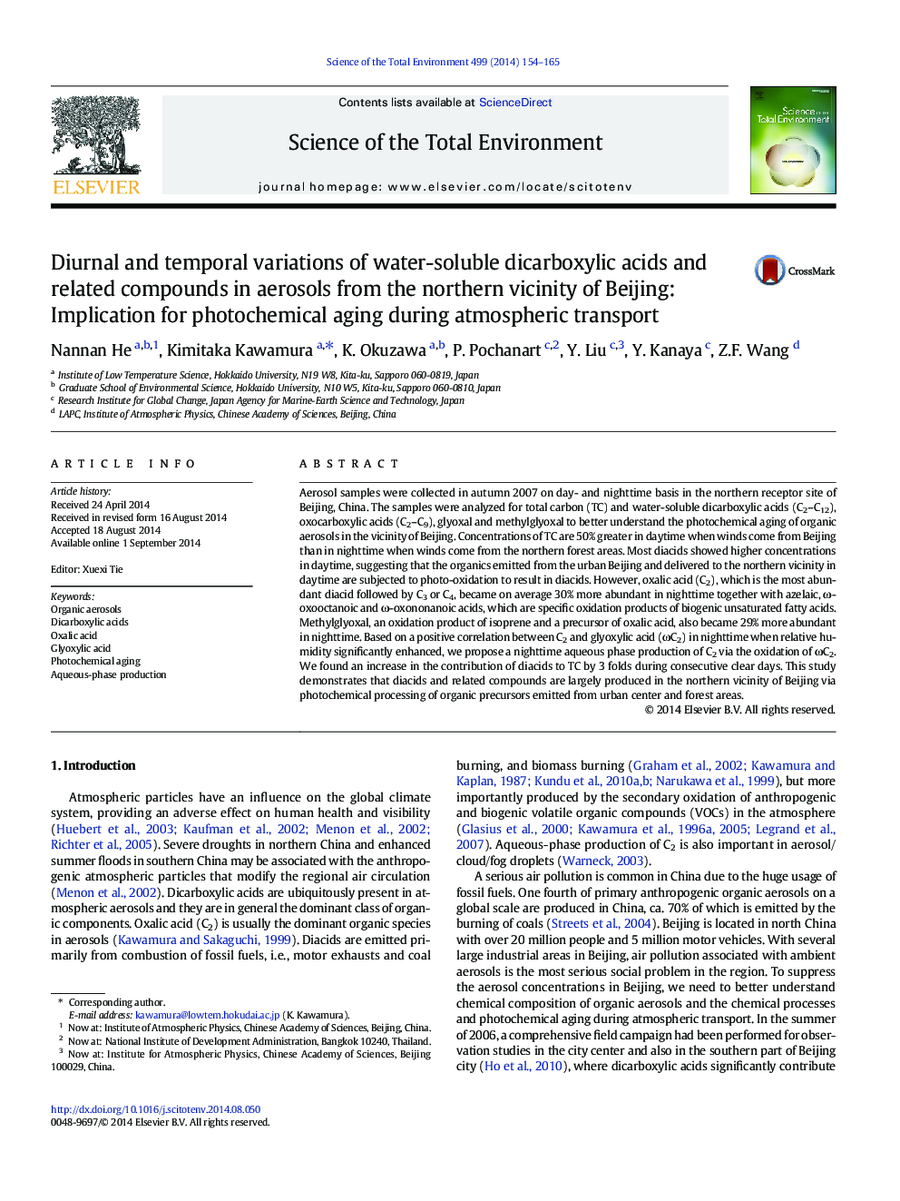 Diurnal and temporal variations of water-soluble dicarboxylic acids and related compounds in aerosols from the northern vicinity of Beijing: Implication for photochemical aging during atmospheric transport