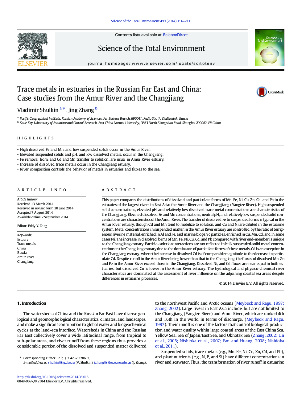 Trace metals in estuaries in the Russian Far East and China: Case studies from the Amur River and the Changjiang